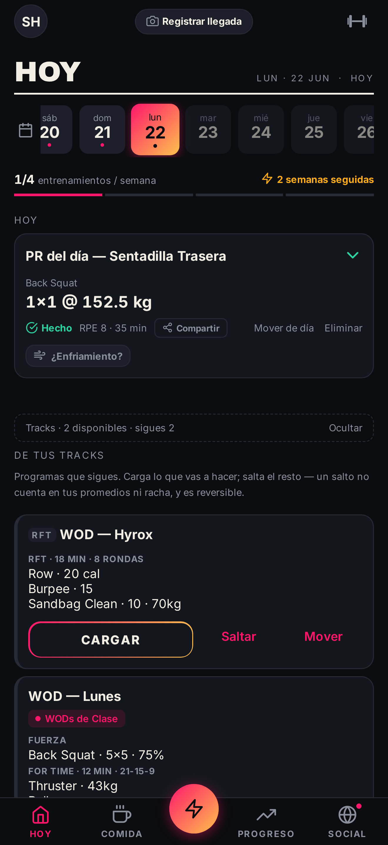 Pantalla Hoy: el WOD del día registrado, con el PR de sentadilla trasera.