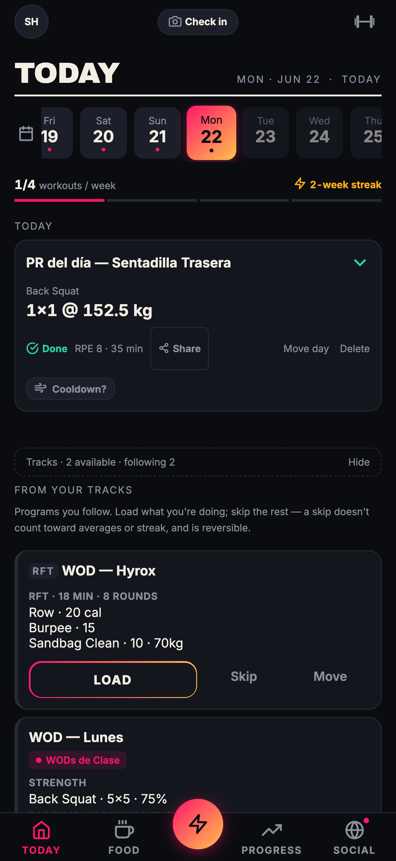 Today screen: the day's WOD logged, with a back squat PR.