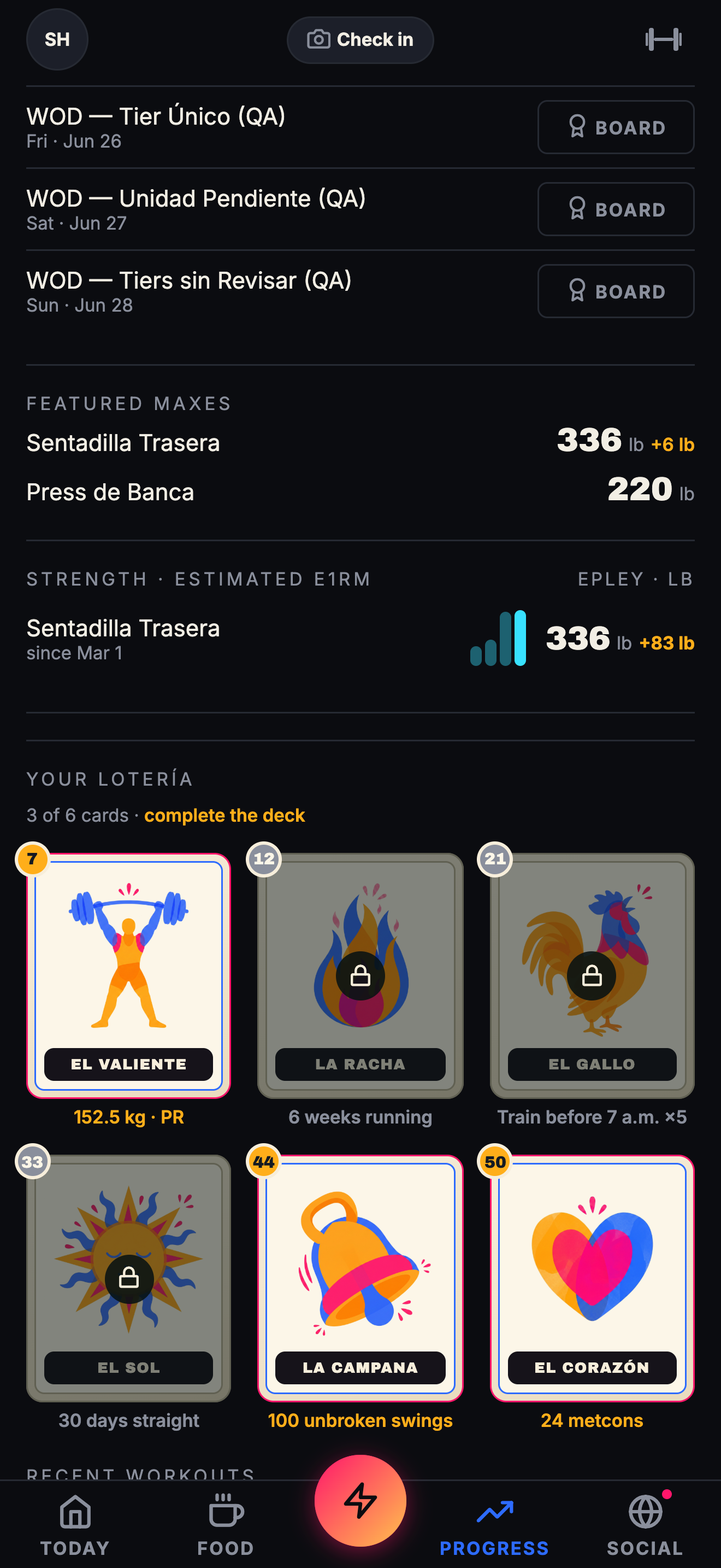 Profile with the achievement lotería: cards for what you've done.